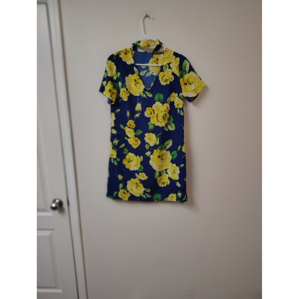 Soprano  Blue Yellow Floral‎ Rose V-Neck Choker Shift Mini Dress Small